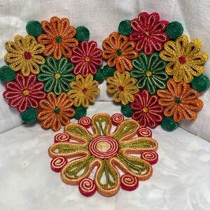 SOLD / no longer available - Colorful Floral Woven Trivets Pot Holder Set